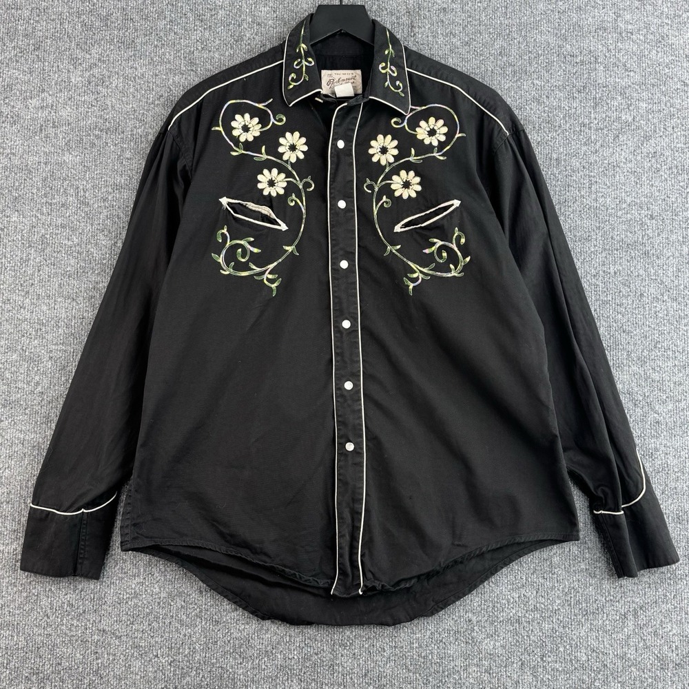 VTG Rockmount Ranch Wear Shirt Womens M Black Floral Embroidered Snap Buttons